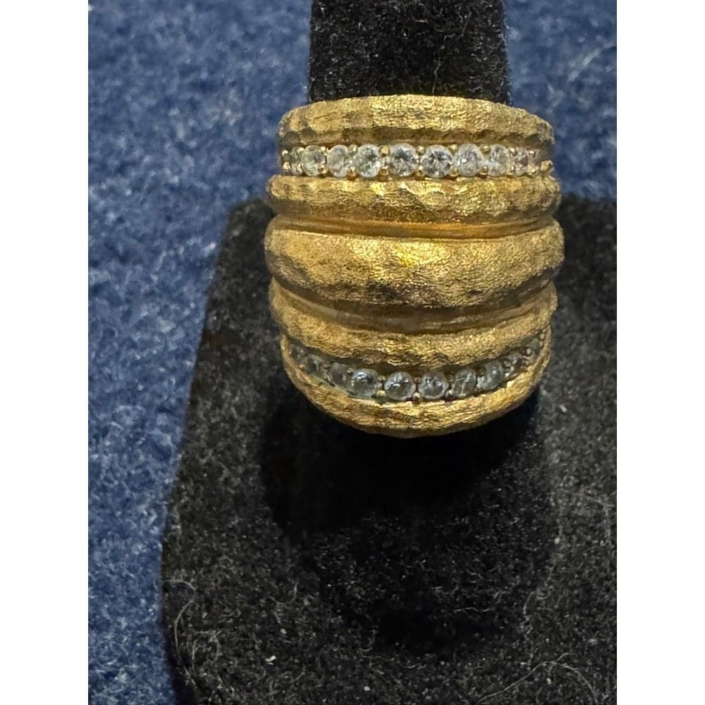 Rirka Friedman 18k Gold Clad Wide Hammered Band Pave CZ Ring Size 6